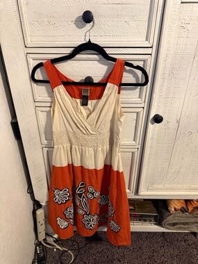 Two-Tone Orange and Cream Floral Midi Dress